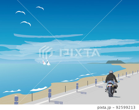 海沿いを走るオートバイ 92599213