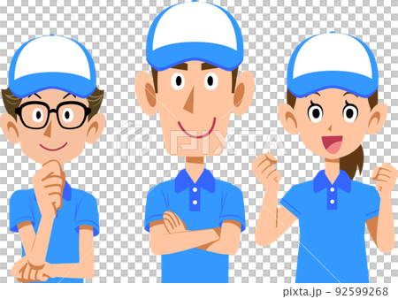 キャップを被りポロシャツを着用した3人の若い作業スタッフ 92599268