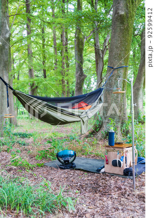 雑木林でハンモックを吊るす 92599412