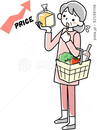買い物かごを手に食料品の値上がりに悩むシニア女性 買い物かごを手に食料品の値上がりに悩むシニア女性 92599706