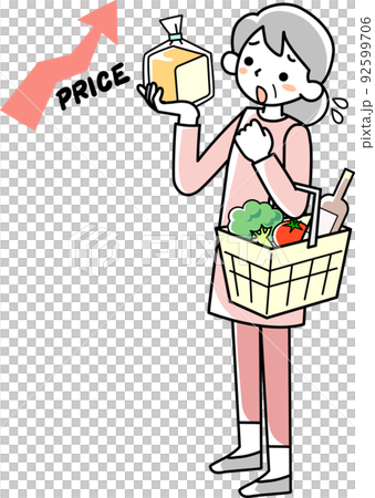 買い物かごを手に食料品の値上がりに悩むシニア女性 買い物かごを手に食料品の値上がりに悩むシニア女性 92599706