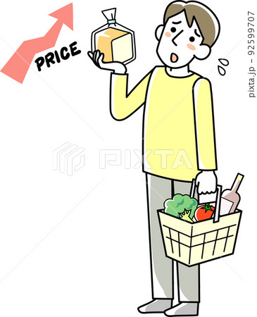 買い物かごを手に食料品の値上がりに悩む若い男性 買い物かごを手に食料品の値上がりに悩む若い男性 92599707