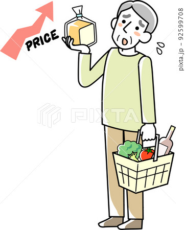 買い物かごを手に食料品の値上がりに悩むシニア男性 92599708