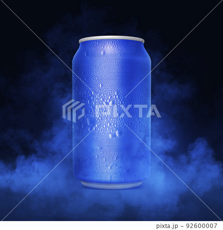 An unbranded freezing cold aluminum tin can with cold vapor an isolated dark studio background. 3D render 92600007