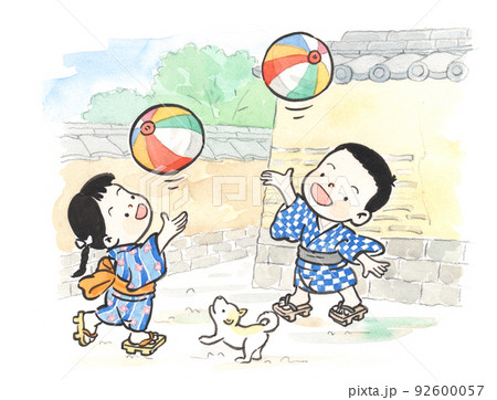 水彩画：紙風船で遊ぶ子供 92600057