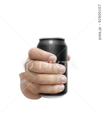 Man holding aluminum can with water droplets isolated on white background 92600107