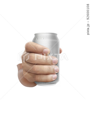 Man holding aluminum can with water droplets isolated on white background 92600108