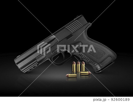 gun metal and bullet on black background with reflexion. 3d render 92600189