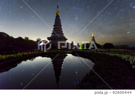 Star trails sacred temple at Doi Inthanon National Park, 92600444
