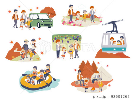 ファミリーの秋の行楽イラストセットのイラスト素材