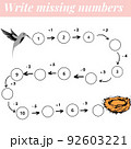 Mathematics educational game for children. Complete the row, write missing numbers. Solve the equation and help grey bird find nest. Math activity for preschool kids and toddlers. 92603221