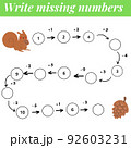 Mathematics educational game for children. Complete the row, write missing numbers. Solve the equation and help squirrel find pinecone. Math activity for preschool kids and toddlers. 92603231