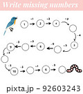 Mathematics educational game. Complete the row, write missing numbers. Solve the equation and help bird find worm 92603243