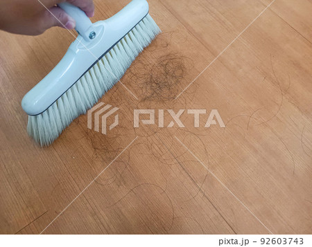 Hand holding a broom to clean the hair on the wooden floor. 92603743