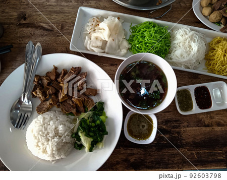 top view Thai food rice. on a wooden table. 92603798