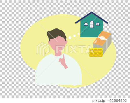 住宅購入と住宅ローンについて考える男性 家 買う 不動産 新築 人物 イラスト	 92604302