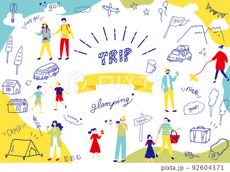 アウトドア　キャンプの人物と手描きアイコンセット 92604371