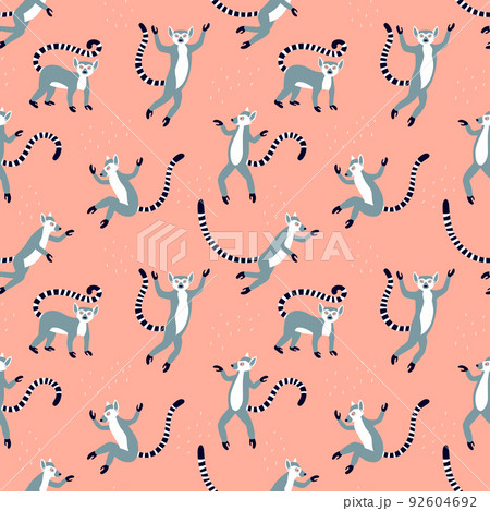 Exotic lemurs with long striped tails. Vector seamless pattern design. Cute animals isolated 92604692
