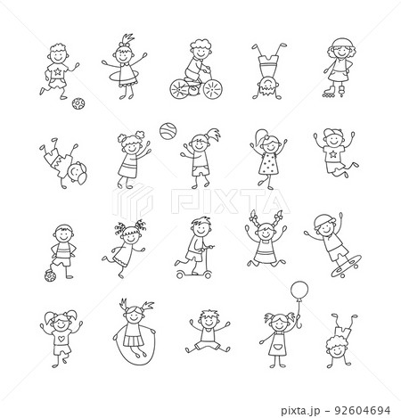 Active children play, run and jump. Happy cute doodle kids. A set of isolated characters. Vector illustration i 92604694