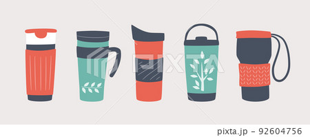 Reusable cups, thermo mug and tumblers with cover. Set of vector illustrations 92604756