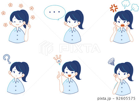 シャツを着た女性のいろいろな表情のイラストセット シャツを着た女性のいろいろな表情のイラストセット 92605575