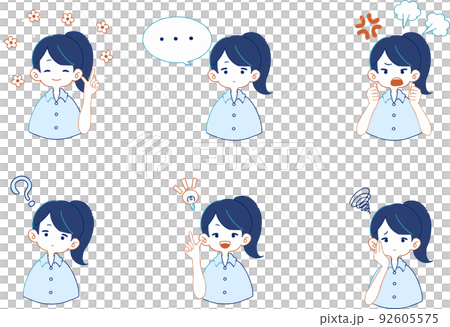 シャツを着た女性のいろいろな表情のイラストセット シャツを着た女性のいろいろな表情のイラストセット 92605575