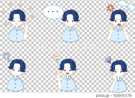 一個穿著襯衫的女人的各種面部表情的插圖集 一個穿著襯衫的女人的各種面部表情的插圖集 92605576