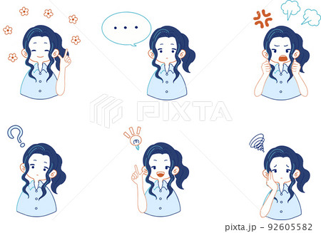 シャツを着た女性のいろいろな表情のイラストセット シャツを着た女性のいろいろな表情のイラストセット 92605582