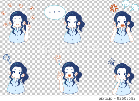シャツを着た女性のいろいろな表情のイラストセット シャツを着た女性のいろいろな表情のイラストセット 92605582