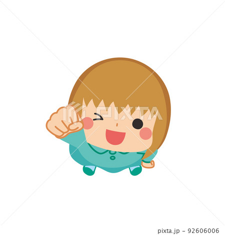 空に向かって拳を突き出す可愛い小さな女の子のイラスト　俯瞰　白背景　クリップアート 92606006