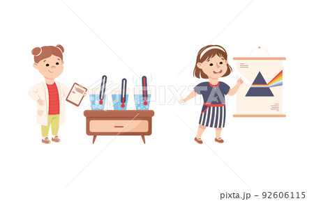 Little Girl Working on Physics Science Experiment with Light Refraction and Thermometer Vector Set 92606115
