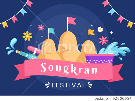 Happy Songkran Festival Day Hand Drawn Cartoon Illustration Playing Water Gun in Thailand Celebration in Flat Style Background Design 92606954