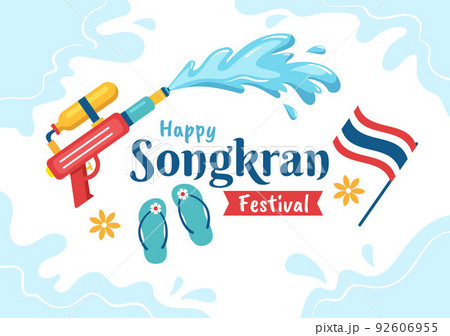Happy Songkran Festival Day Hand Drawn Cartoon Illustration Playing Water Gun in Thailand Celebration in Flat Style Background Design 92606955