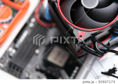 Computer fan on background of computer board 92607174
