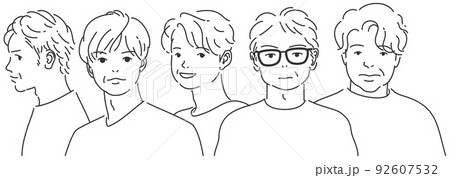 並んだ中年の男性5人｜背景透過の線画 92607532