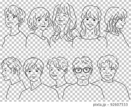 A group of 5 middle-aged men and 5 women lined up | Line drawing with transparent background 92607533
