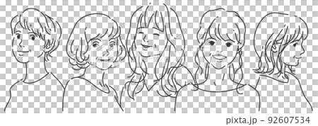 並んだ中年の女性5人のグループ|背景透過の線画 並んだ中年の女性5人のグループ|背景透過の線画 92607534