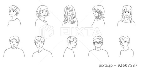 中年の男性5人と女性5人｜背景透過の線画 92607537