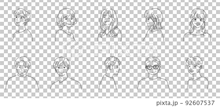 中年の男性5人と女性5人｜背景透過の線画 92607537