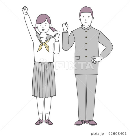 ガッツポーズの女子学生と男子学生の全身イラスト2 92608401