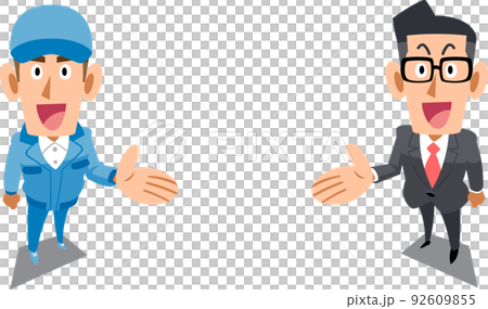 案内する作業着の男性とスーツを着た男性のセット 92609855