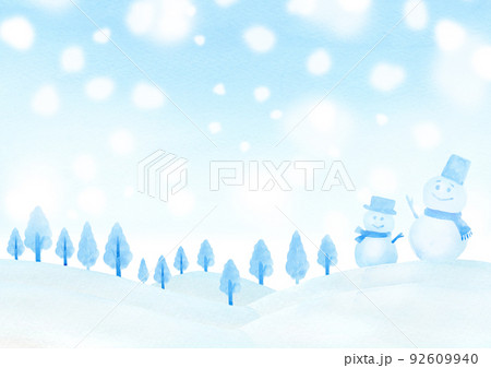 雪国　雪景色　雪だるま　手描き水彩　 92609940