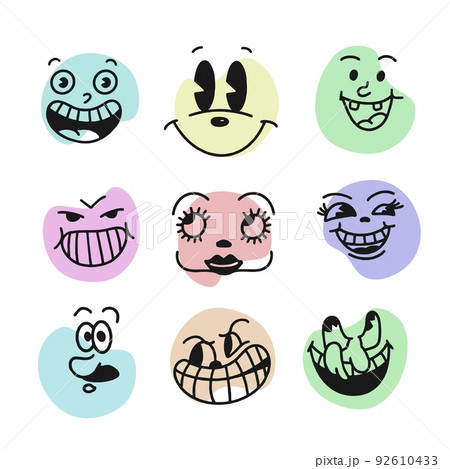 Smiley face retro emoji. Faces of cartoonのイラスト素材