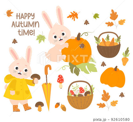Set Happy autumn time. Cute rabbit in raincoat and rubber boots collects mushrooms and bunny with big pumpkin. Basket with mushrooms, carrots and falling autumn leaves. Vector illustration. Isolated. Set Happy autumn time. Cute rabbit in raincoat and rubber boots collects mushrooms and bunny with big pumpkin. Basket with mushrooms, carrots and falling autumn leaves. Vector illustration. Isolated. 92610580