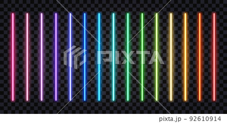 Neon glowing sticks, laser beams, rainbow iridescent spectrum colorful lines. Fluorescent electric light effect. Isolated rays on dark transparent background. Vector illustration 92610914