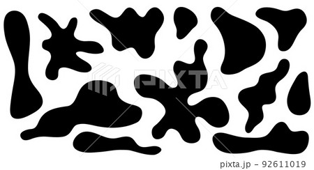 Irregular amorphous blob shapes, liquid amoeba asymmetric forms. Black ink puddle splash, fluid stain isolated on white background. Vector illustration 92611019