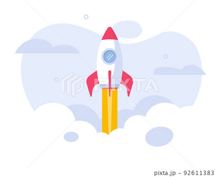 Rocket launch vector image as start up project or spaceship flight off flat speed as boost product growth idea flat cartoon modern graphic illustration with clouds smoke concept simple design 92611383