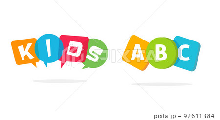 Kid care logo for child kindergarten preschool vector icon or baby speaking talking school and play zone cartoon fun bubbles logotype, funny colorful study or learning education children element image 92611384