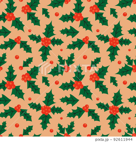 Retro Christmas seamless background with holly leaves and berries Retro Christmas seamless background with holly leaves and berries 92611944
