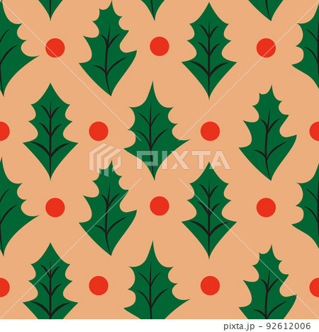 Retro Christmas seamless background with holly leaves and berries 92612006